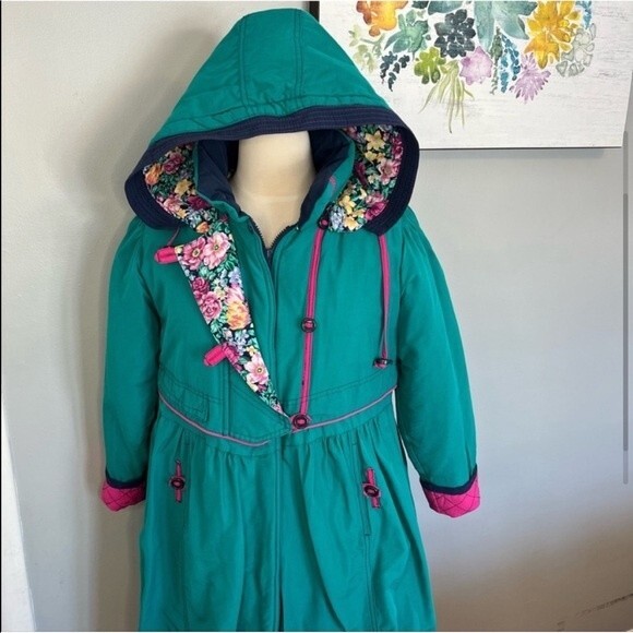Vintage 80s Rothschild Coat Girls 12 Womens S/M Turquoise Floral Puffer Jacket - Picture 5 of 9